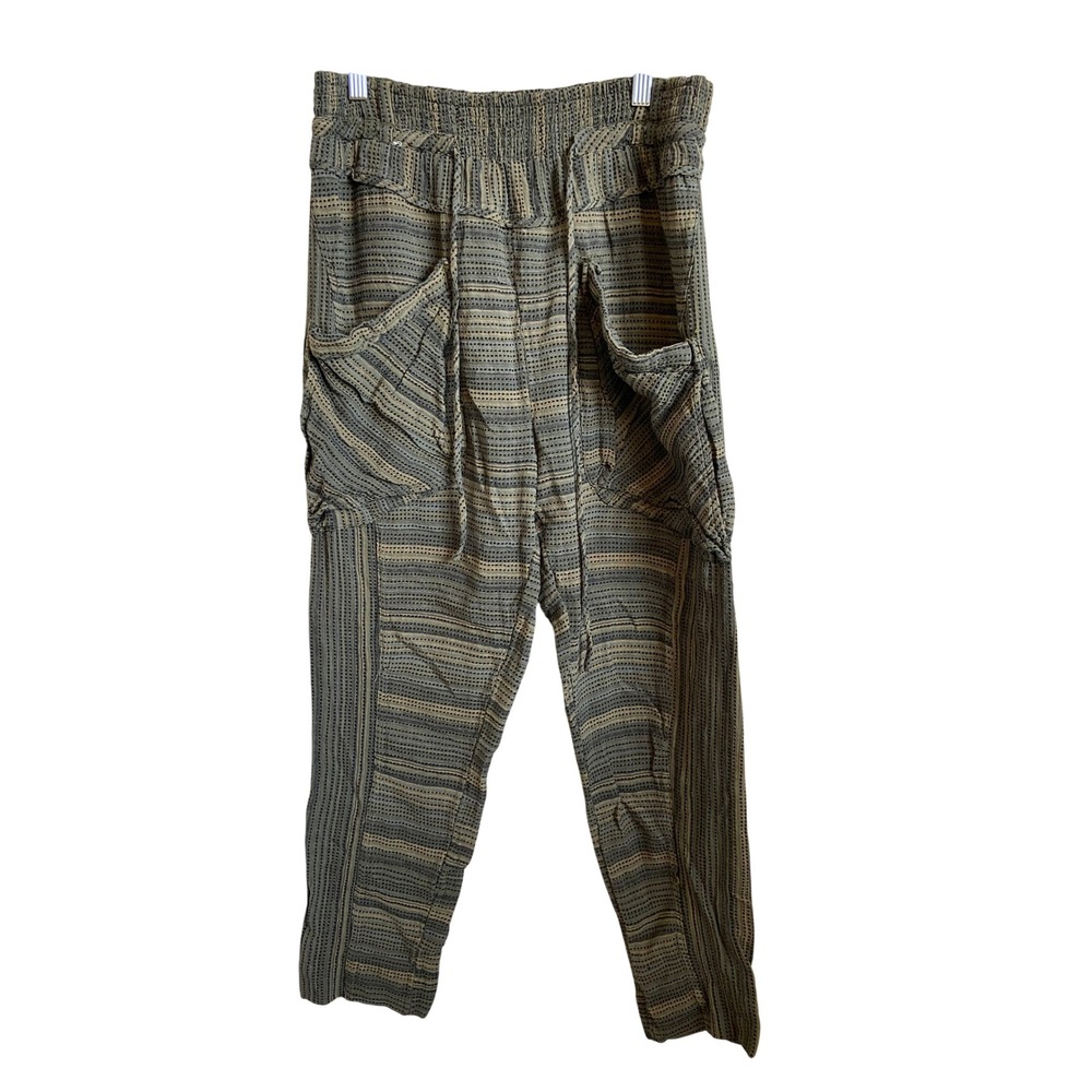 Free People Olive Green Striped Smocked Waist Tapered Boho Pants Small